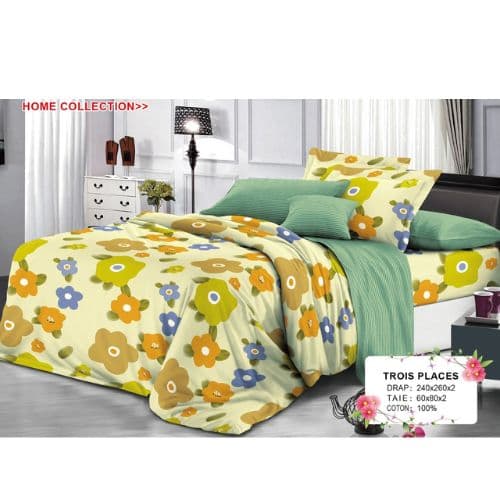 Ensemble de Drap +Taie, Trois Places avec Motif Fleurs Ludiques sur Fond Pastel