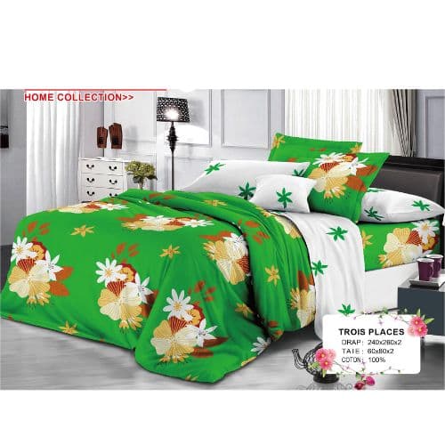 Ensemble de Drap +Taie, Trois Places avec Motif Fleurs Naturelles
