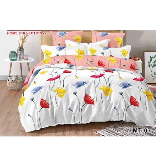 Ensemble de Drap +Taie, Trois Places avec Motif en Fleurs Multicolores sur Fond Blanc et Rose