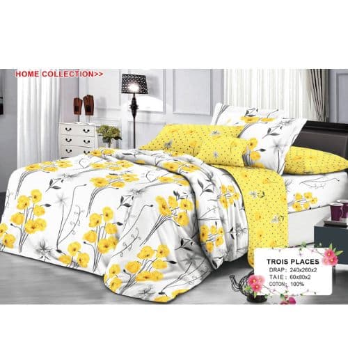 Ensemble de Drap +Taie, Trois Places avec Motif Botanique Chic et Teintes Solaires